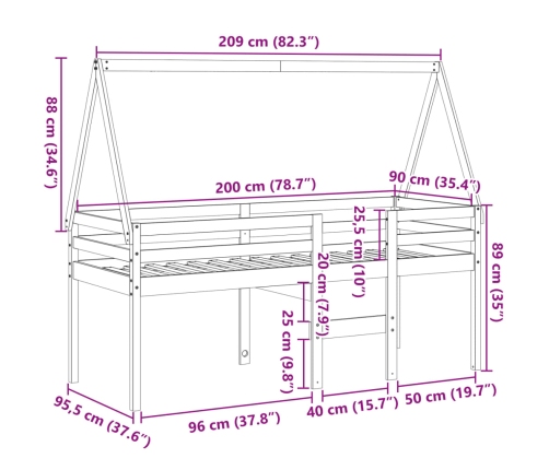 Cama alta con techo blanca madera maciza pino blanca 90x200 cm