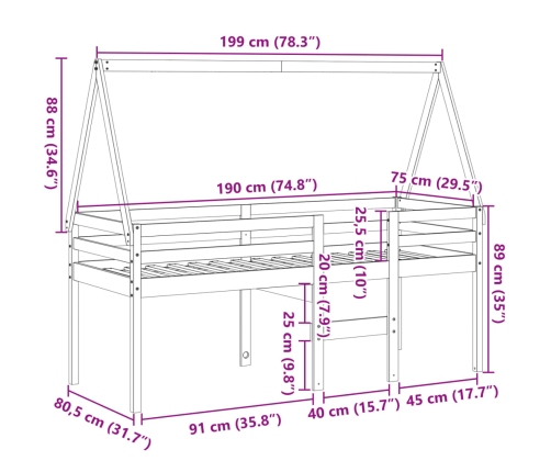 Cama alta con techo madera maciza de pino marrón cera 75x190 cm