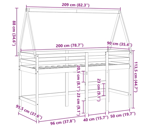 Cama alta escalera y techo madera maciza pino blanca 90x200 cm