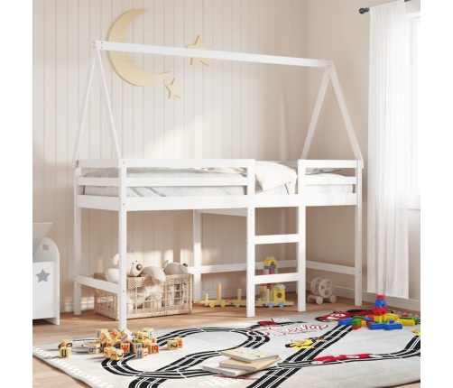 Cama alta escalera y techo madera maciza pino blanca 80x200 cm