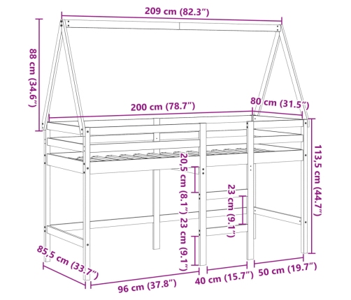 Cama alta escalera y techo madera maciza pino blanca 80x200 cm