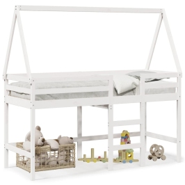 Cama alta escalera y techo madera maciza pino blanca 80x200 cm