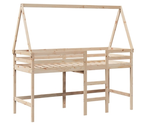 Cama alta con escalera y techo madera maciza de pino 90x190 cm