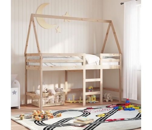 Cama alta con escalera y techo madera maciza de pino 90x190 cm