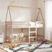Cama alta con escalera y techo madera maciza de pino 90x190 cm