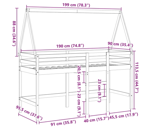 Cama alta con escalera y techo madera maciza de pino 90x190 cm