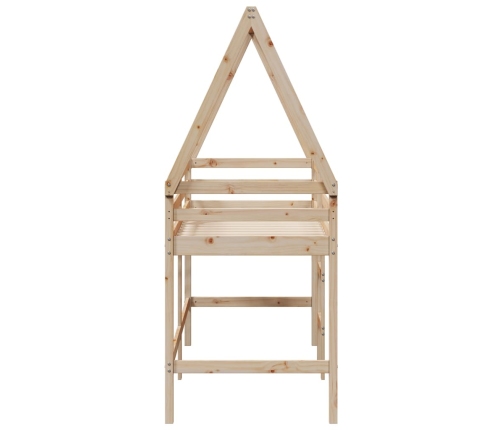 Cama alta con escalera y techo madera maciza de pino 90x190 cm