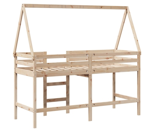 Cama alta con escalera y techo madera maciza de pino 90x190 cm