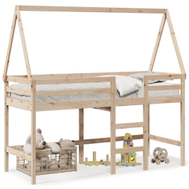 Cama alta con escalera y techo madera maciza de pino 90x190 cm