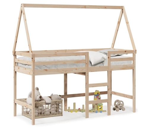Cama alta con escalera y techo madera maciza de pino 90x190 cm