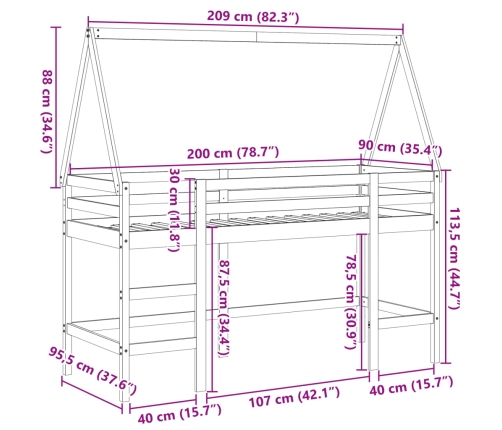 Cama alta con escalera y techo madera maciza de pino 90x200 cm