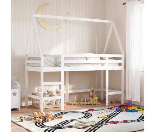 Cama alta escalera y techo madera maciza pino blanca 80x200 cm