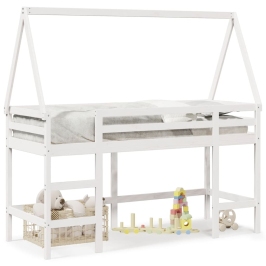 Cama alta escalera y techo madera maciza pino blanca 80x200 cm