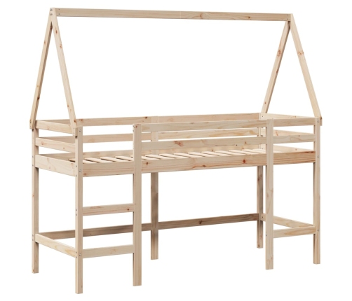 Cama alta con escalera y techo madera maciza de pino 90x190 cm