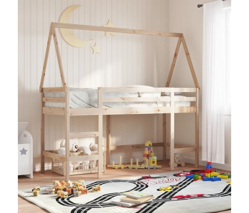 Cama alta con escalera y techo madera maciza de pino 90x190 cm