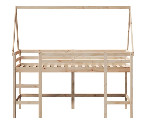 Cama alta con escalera y techo madera maciza de pino 90x190 cm