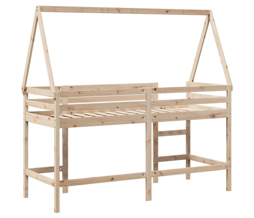 Cama alta con escalera y techo madera maciza de pino 90x190 cm