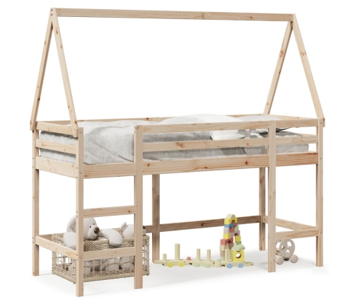 Cama alta con escalera y techo madera maciza de pino 90x190 cm