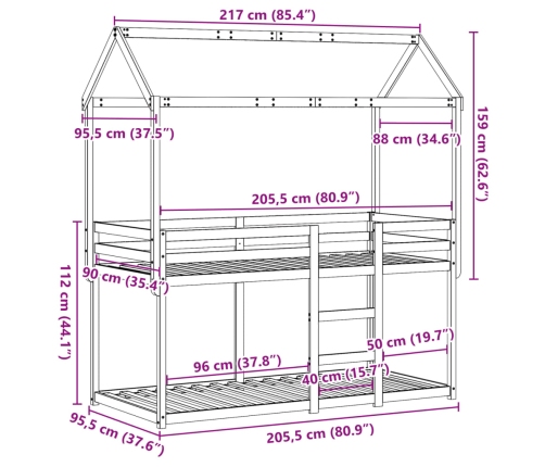 Cama litera sin colchón madera maciza de pino 90x200 cm