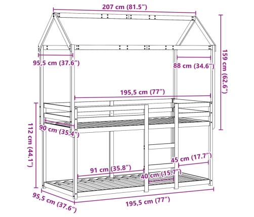 Cama litera sin colchón madera maciza de pino 90x190 cm