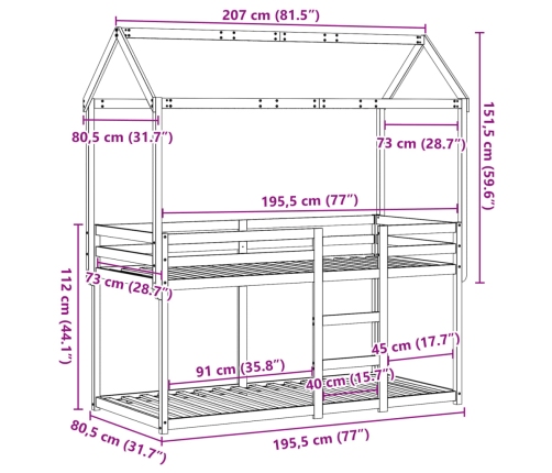 Cama litera con techo de madera maciza de pino 75x190 cm