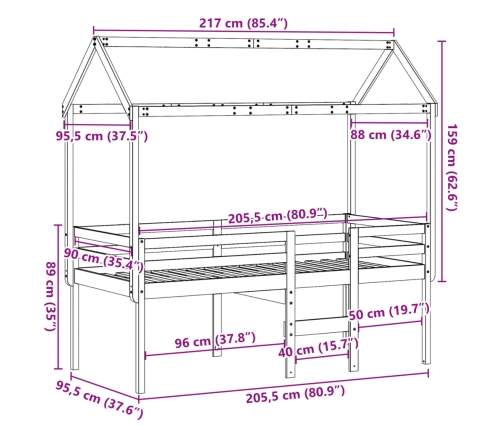 Cama alta con techo madera maciza de pino 90x200 cm