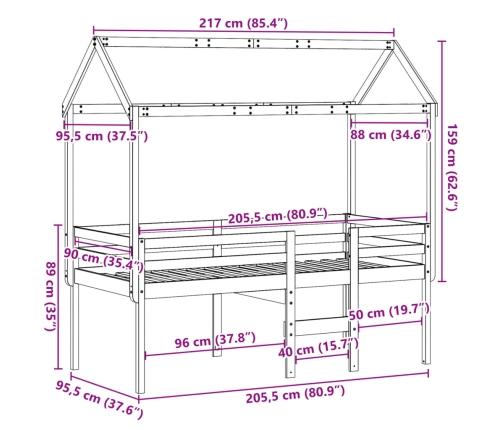 Cama alta con techo blanca madera maciza pino blanca 90x200 cm