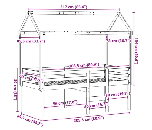 Cama alta con techo madera maciza de pino 80x200 cm