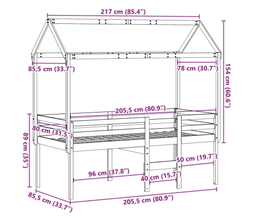 Cama alta con techo madera maciza de pino blanco 80x200 cm