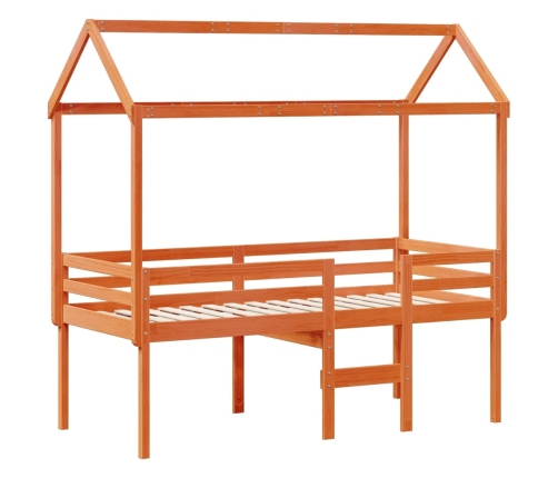 Cama alta con techo madera maciza de pino marrón cera 80x200 cm