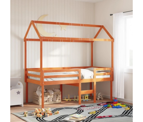 Cama alta con techo madera maciza de pino marrón cera 80x200 cm