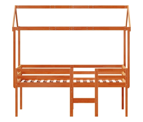 Cama alta con techo madera maciza de pino marrón cera 80x200 cm