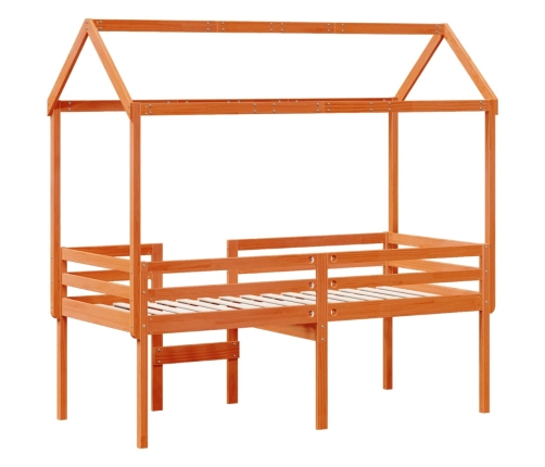 Cama alta con techo madera maciza de pino marrón cera 80x200 cm