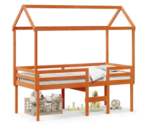 Cama alta con techo madera maciza de pino marrón cera 80x200 cm