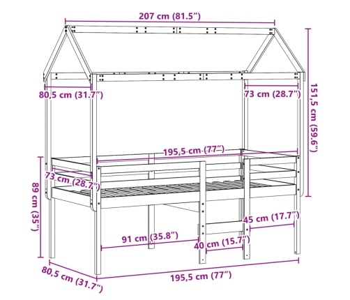 Cama alta con techo madera maciza de pino marrón cera 75x190 cm