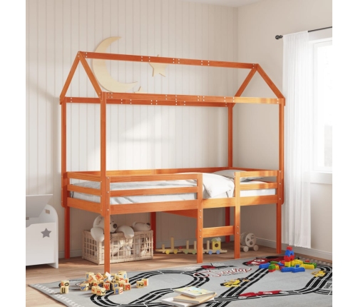Cama alta con techo madera maciza de pino marrón cera 75x190 cm