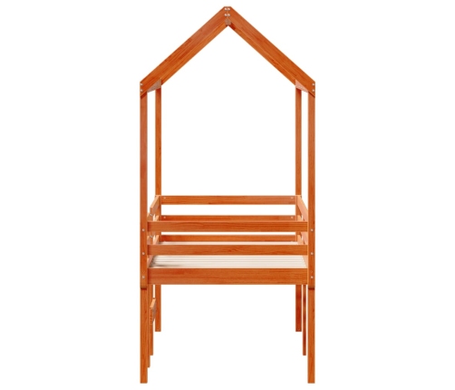 Cama alta con techo madera maciza de pino marrón cera 75x190 cm