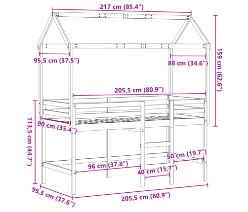 Cama alta con escalera y techo madera maciza de pino 90x200 cm