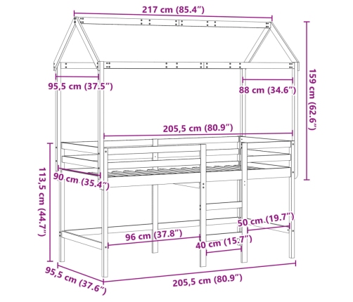 Cama alta escalera y techo madera maciza pino blanca 90x200 cm