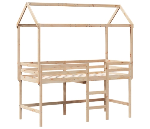 Cama alta con escalera y techo madera maciza de pino 90x190 cm