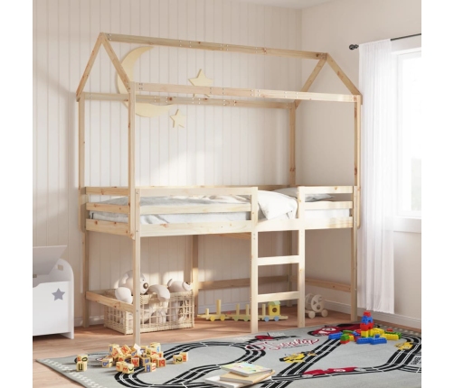 Cama alta con escalera y techo madera maciza de pino 90x190 cm