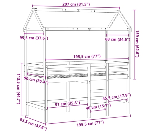 Cama alta con escalera y techo madera maciza de pino 90x190 cm