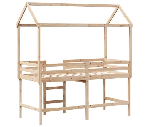 Cama alta con escalera y techo madera maciza de pino 90x190 cm