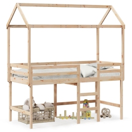 Cama alta con escalera y techo madera maciza de pino 90x190 cm