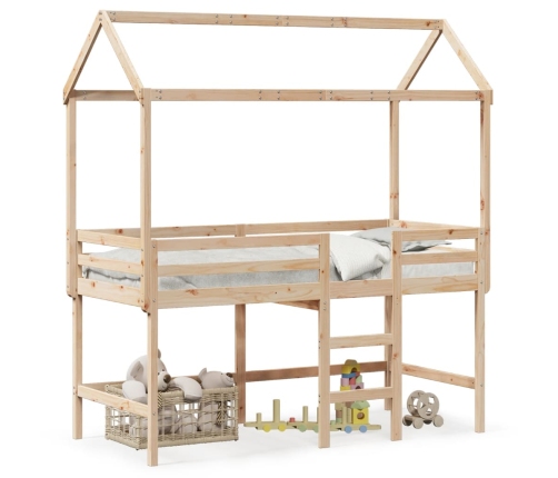 Cama alta con escalera y techo madera maciza de pino 90x190 cm