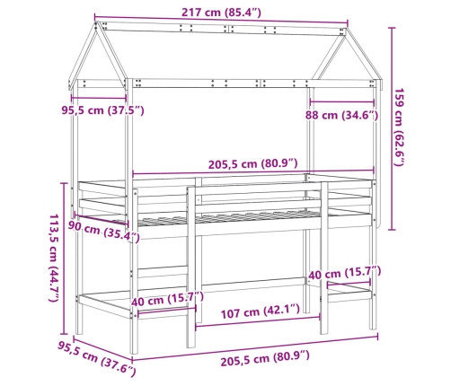 Cama alta con escalera y techo madera maciza de pino 90x200 cm