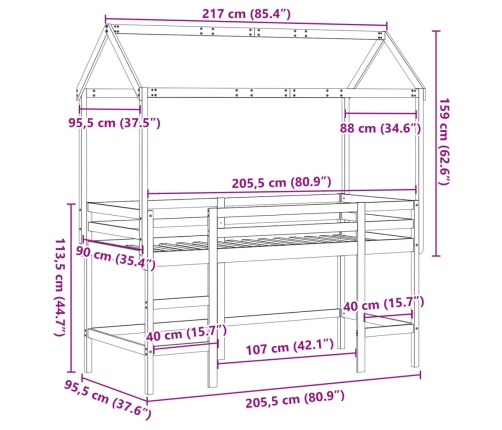 Cama alta escalera y techo madera maciza pino blanca 90x200 cm