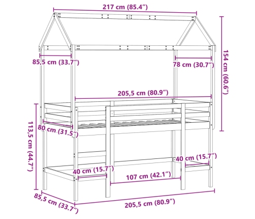 Cama alta escalera y techo madera maciza pino blanca 80x200 cm