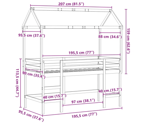 Cama alta con escalera y techo madera maciza de pino 90x190 cm