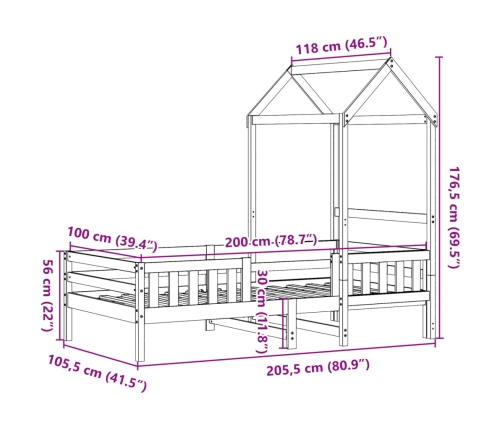 Estructura de cama con techo madera maciza de pino 100x200 cm